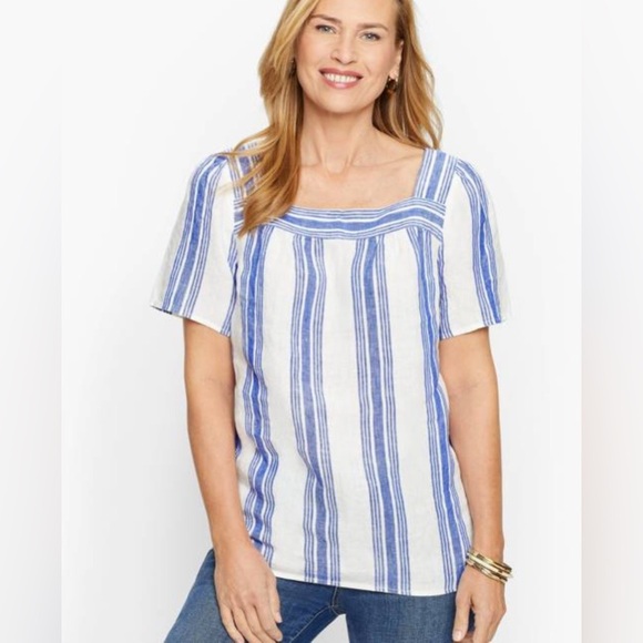 Talbots 100% Linen Blue & White Striped Blouse Sz Med Vacation Summer Classy - Picture 1 of 8